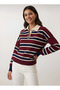 Women's Striped Polo Neck Knit Sweatshirt - 4