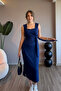 Square Neck Side Tie Modal Navy Blue Midi Dress - 7