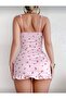 Women's 2-Piece Pink Cherry Printed Strappy Ruffled Nightgown with Thong Gift - 7