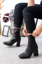 Women's Black Leather High Heel Boots - 2