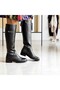 Black Genuine Leather Below-Knee Buckle Women's Inner Zipper Daily Riding Boots