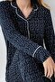 Women's Navy Blue Shirt Collar Pajama Set, Bottom Pajama with Pocket and Pattern, 50% Cotton 50% Modal - 3