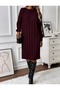 Crew Neck Wide Ribbed Long Sleeve Woven Detailed Knee-Length Knitwear Dress - 4