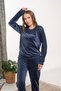 Women's Navy Blue Special Design Velvet Pajama Set - 2