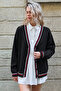 Women's Red and White Stripe Detailed Black Cardigan - 3