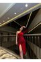 Asymmetrical Neckline Gathered Slit One Sleeve Midi Length Dress Evening Dress 582247 Red - 2