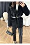 Lined Bearded Cat Plush Design Belted Pinterest Stylish Pocket Detail Blazer Jacket Coat - 2