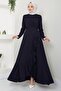 Dress with Ruffled Skirt and Draped Design Navy Blue HM2419