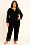 Women's Plus Size Lace Window Detail Cotton Oversized Soft Textured Pajama Set Black - 2