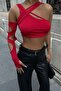 Cross Detailed One Shoulder Low-Cut Long Sleeve Red Crop 5081 - 4