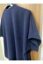 Women's Navy Blue Seersucker Fabric Pleated V-Neck Plus Size Mom Blouse - 7
