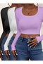 Women's 3-Pack Cotton Body-Hugging Ribbed Fabric Square Neck Long Sleeve Crop Blouse