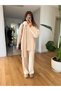 Women's Cream Hair Braided Scarf Sweater Pants Triple Knitwear Set - 3