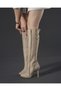 Shay Buckle and Zipper Detailed Thin Heel 10 cm Nude Suede Boots - 4