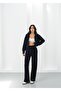 Liva Navy Blue Hooded Cardigan and Sweatpants Thick Bottom-Top Set