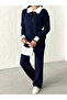 Women's Navy Blue Stylish Collar Detailed Sweater Pants Bottom Top Two-Piece Knitwear Set