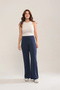 Women's Navy Blue Modal Wide Leg Striped High Waist Soft Textured Lycra Trousers with Elastic Waist - 4