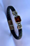 Genuine Leather Men's Bracelet Made with Red Natural Stone Handcrafted