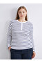 Navy Blue Crew Neck Striped Women's Bodysuit - 2