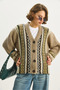Women's Mink Ethnic Patterned Oversize V-Neck Buttoned Thick Knitwear Cardigan 5057 60283576 - 2