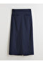Navy Blue Zippered Waist Striped Slit Skirt - 5