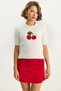 Women's White Crew Neck Short Sleeve Cherry Knit Embroidered Knitwear Blouse 5079 60283588 - 5