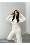 Women's Ecru Modal Textured Hoodie Wide Leg Pants Top and Bottom Soft Sportswear Set - 2