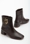 Brown Women's Short Heeled Boots Blunt Toe Metal Accessories Faux Leather