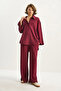 Women's Burgundy Button Detailed Polo Collar Relaxed Cut Modal Top and Bottom Set 4036 60283607 - 4