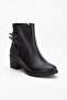 Black Women's Heeled Boots Straw Detailed Faux Leather Buckle - 4