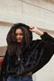 Women's hooded front zippered fur coat-black - 7