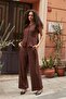 Women's Suede Textured Fabric Wide Crew Neck Flato Vest with Pockets-Brown