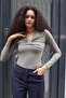 Women's Lightweight Shiny Stylish Flexible Fabric V-Neck Gathered Front Long Sleeve Blouse with Accessories-Khaki - 6