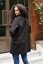 Women's Lightweight Lycra Suede Fabric Collared Long Sleeve Pocketed Sport Stitched Oversize Jacket Coat-Black - 3