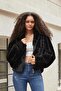 Women's hooded front zippered fur coat-black - 6