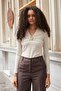 Women's Lightweight Shiny Stylish Flexible Fabric V-Neck Gathered Front Long Sleeve Blouse with Accessories-Stone - 7