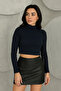 Women's Ribbed Crop High Neck Long Sleeve Slim Fit Blouse