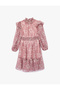 Long Sleeve Stand Collar Ruffle Detail Patterned Chiffon Dress