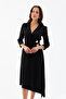 Women's Black Slim Fit Belt Detail Satin Event Dress - 2