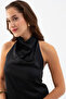 Women's Black Degaje Collar Satin Skirt Blouse Set - 4