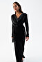 Women's Black Slim Fit Pleated Degaje Collar Dress - 3
