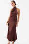 Women's Brown Degaje Collar Satin Skirt Blouse Set