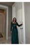 Flexible silvery velvet square neck stone and belt detailed evening dress 583122 emerald