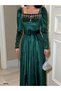 Flexible silvery velvet square neck stone and belt detailed evening dress 583122 emerald - 4