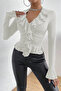Long Sleeve V-Neck Ruffled Ecru Blouse