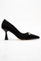Women's Heeled Shoes with Stone Accessories on the Front; Black Zra - 2