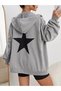 Plus Size Women's LosAngelas - Star Back and Front Print Detailed 3 Thread Zippered Hooded Smoke Gray Jacket