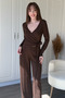 Modal Fabric Waist Tied Top and Bottom Brown Set - 5