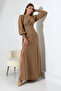 Camel Color Crepe Fabric Front Knot Long Sleeve Double Slit Dress - 5