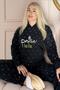 Black Positive Patterned Hooded Plush Fleece Pajama Set